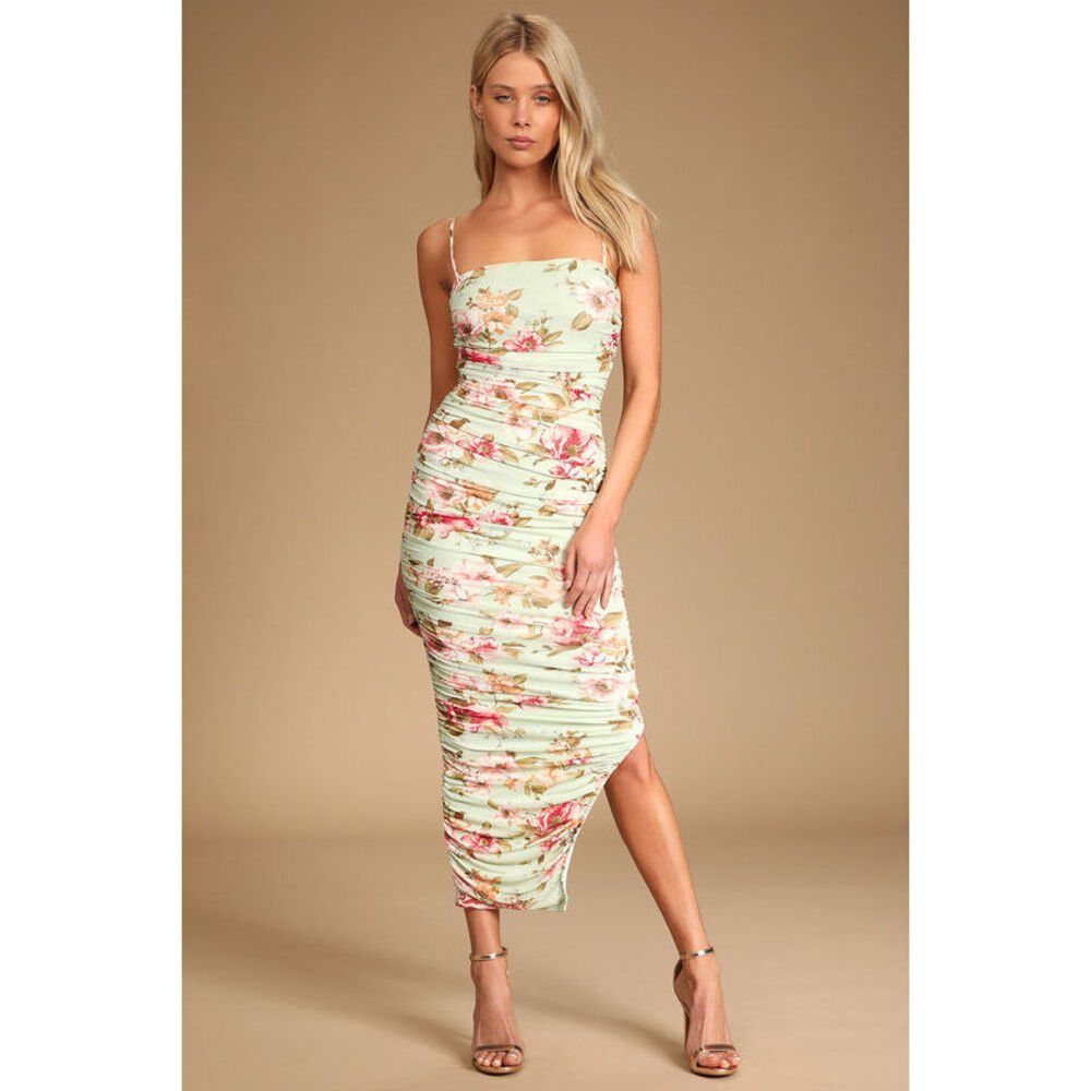 Lulu’s Sage Floral Print Ruched Mesh Bodycon Midi Dress